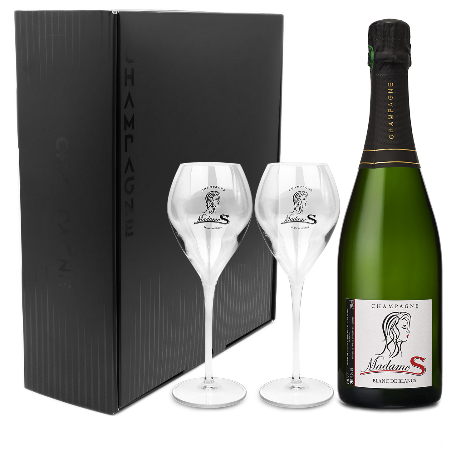 Coffret 2 flûtes + 1 BRUT Blanc de Blancs